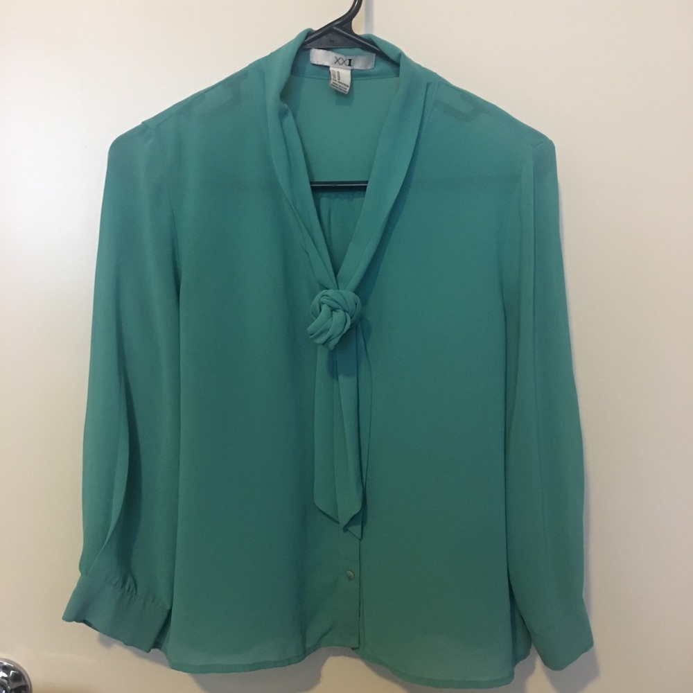 Aqua blouse with tie